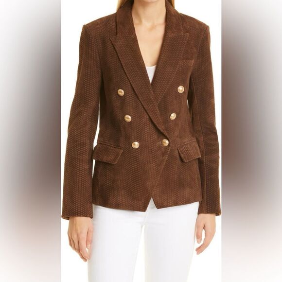 L'AGENCE $1595 Kenzie Double Breasted Leather Blazer in brown suede - Picture 3 of 15